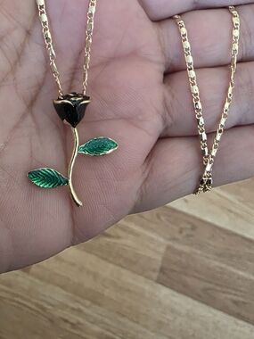 14k Gold Plated Black Rose Pendant Necklace with Green Enamel Leaves